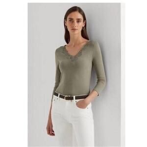Lauren Ralph Lauren Women's Sz L Lace-Trim V-neck Stretch Cotton Top Green NWT